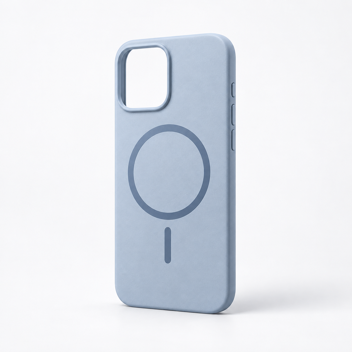 Muted mist blue ultra-thin MagSafe iPhone case on a warm white studio background